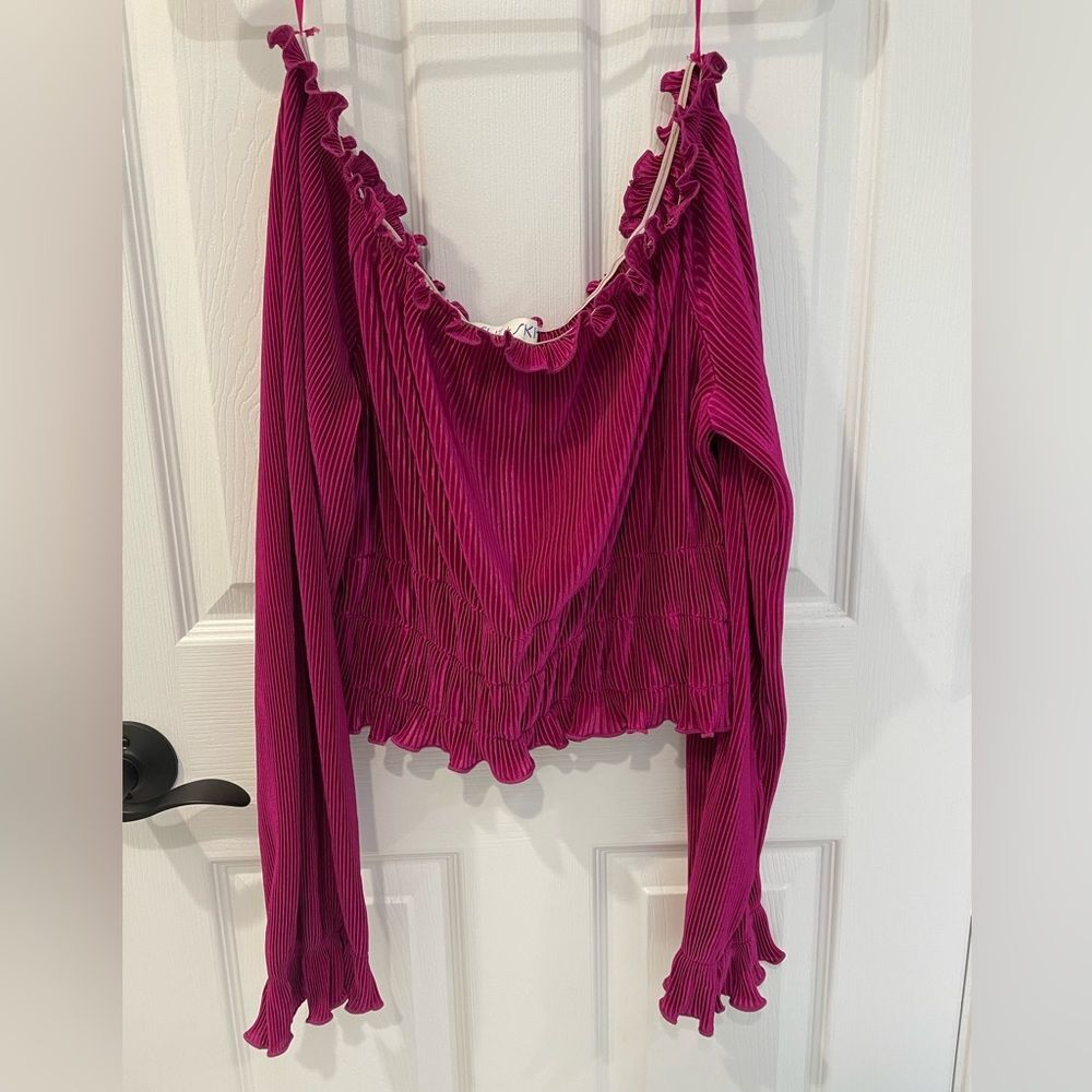 She Sky Pink Off The Shoulder Elastic Cropped Ruffle Long Sleeve Top Size L